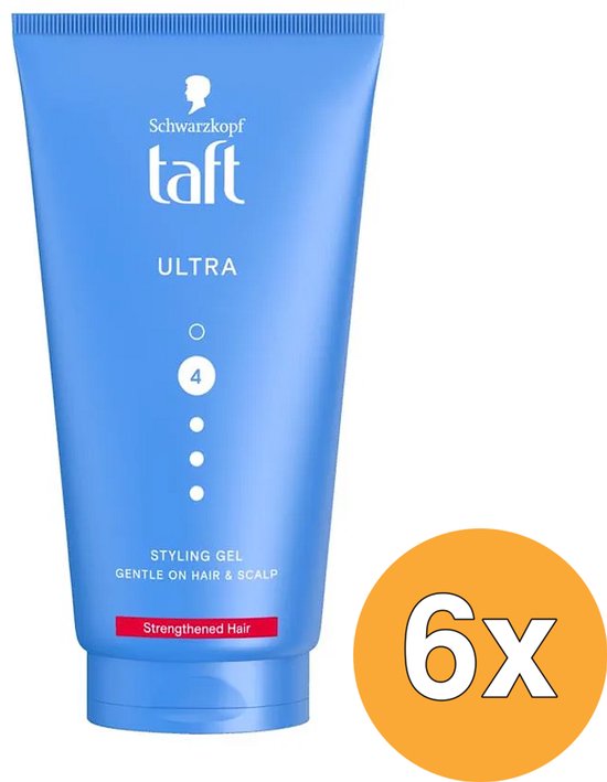 Blauwe tube Taft Ultra Styling Gel 6x 150ml, met rode band 'Strengthened Hair'.