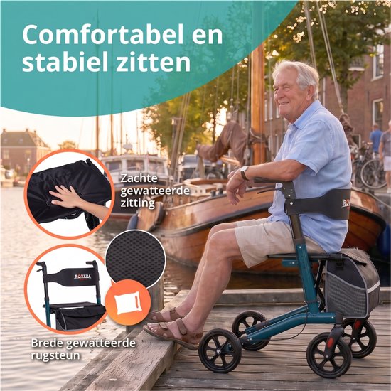 Man zit op een turquoise rollator met zitting en rugsteun. Zachte, gewatteerde zitting en rugsteun.