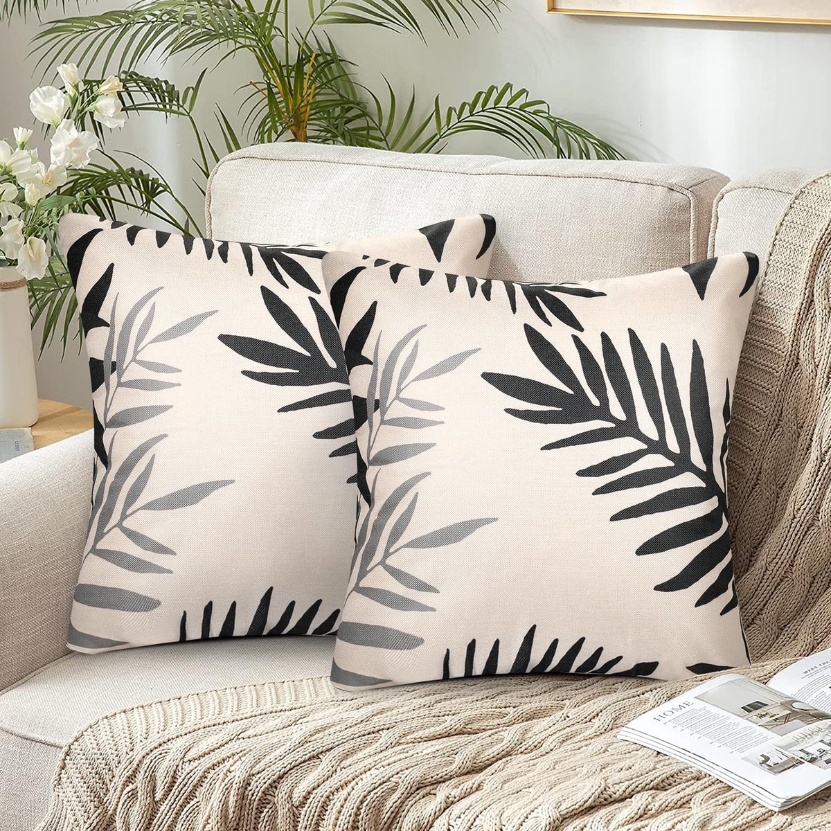 40 x 40 cm, polyester, kussenslopen, zwart-grijs, bladeren, patroon, kussenovertrek, kussenovertrek voor bank, auto, tuin, patios, outdoor, kussen, bankkussen, set van 2