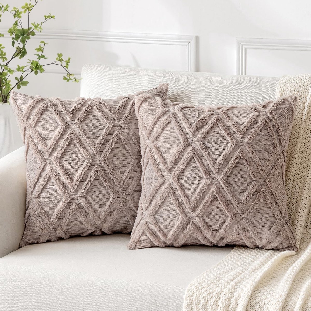 Kussenslopen, voor sierkussens, set van 2, wol, fluweel, boho, decoratief kussen, voor de bank, slaapkamer of woonkamer, 45 x 45 cm, zand