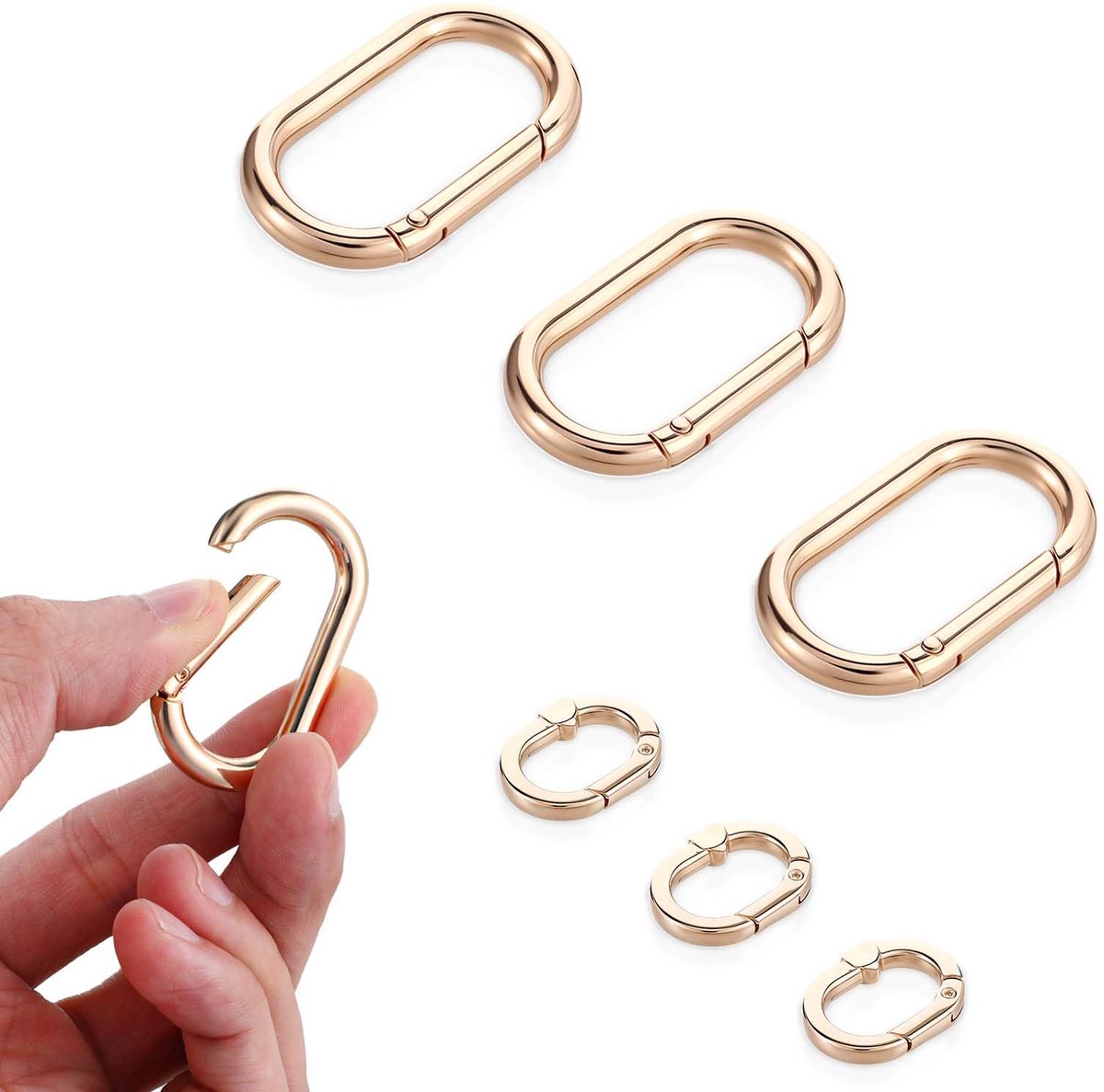 6 stuks gouden sleutelhangerset, 2 maten, ovaal, veerkarabijnhaak, kleine sleutelhanger met liefdessin, metalen karabijnhaak, sleutelring, accessoires voor portefeuilles, sleutelketting