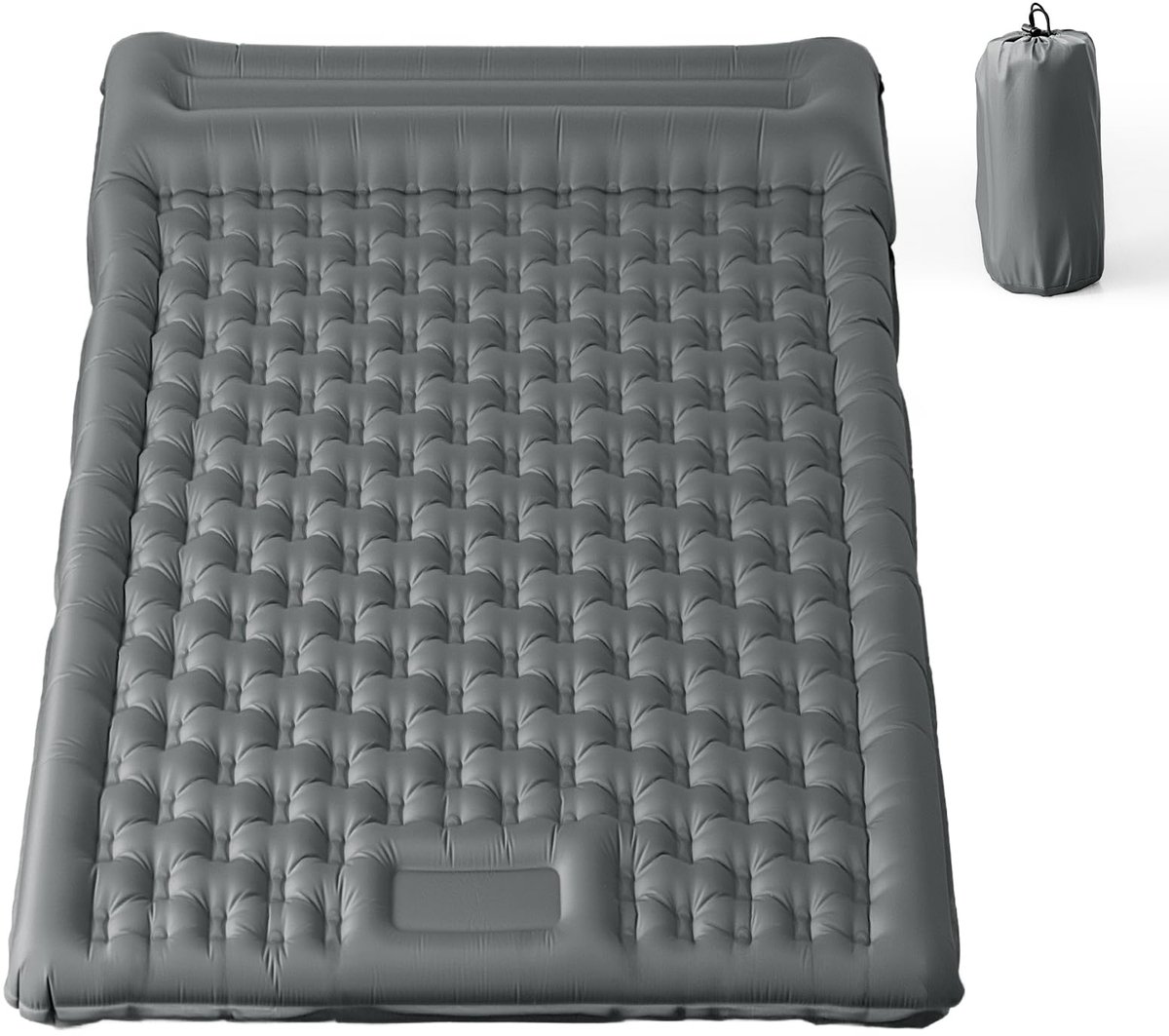 Opblaasbare Campingslaapmat met Kussen, Waterdicht en scheurbestendig 50D nylon XXL Luchtmatras met ingebouwde voetpomp, Grijs, 196x135x12cm