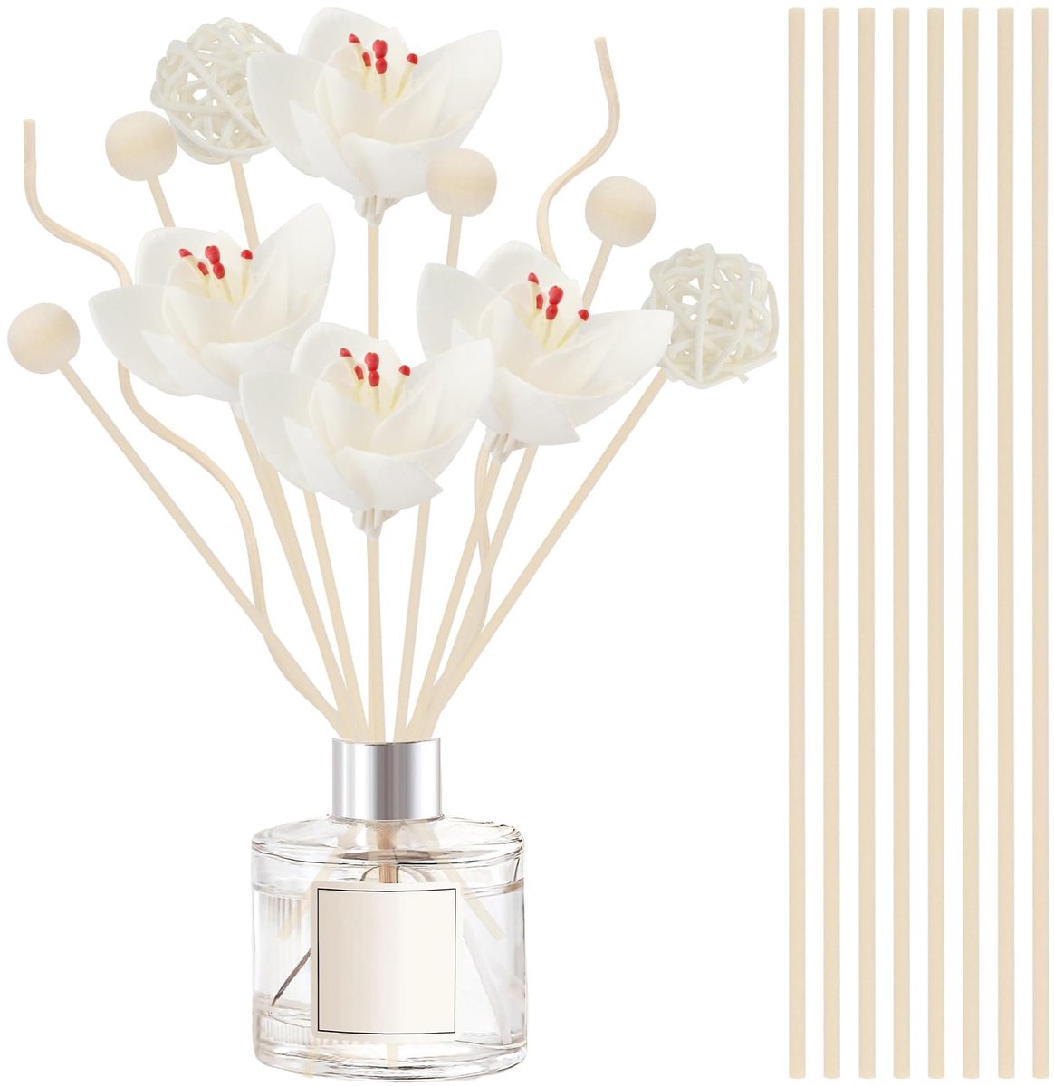 Dailygoods - YUE QIN 22 stuks kamergeurstokjes, rotan, houten diffuserstokjes, rituelen, geurstokjes, houtkleur, wit, rotanstokjes met bloemen, diffuser stokjes voor badkamer, kantoor, woonkamer, slaapkamer, hotel
