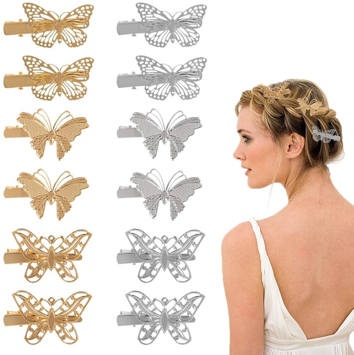 Dailygoods- Haarclips 12 Stuks - Elegante Vlinder Haarclips - Metalen Haaraccessoires - Goud/Zilver - 3,5 cm x 2 cm - Geschikt voor Dames/Meisjes - Haarspeld
