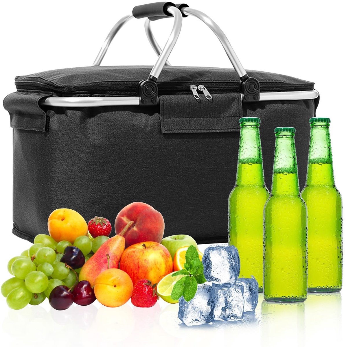 Dailygoods- Boodschappenmand opvouwbaar - Koeltas met deksel - Koelfunctie tot 4 uur - Ideaal voor picknick - Stabiele dubbele handgrepen - Robuuste kunststof bodem