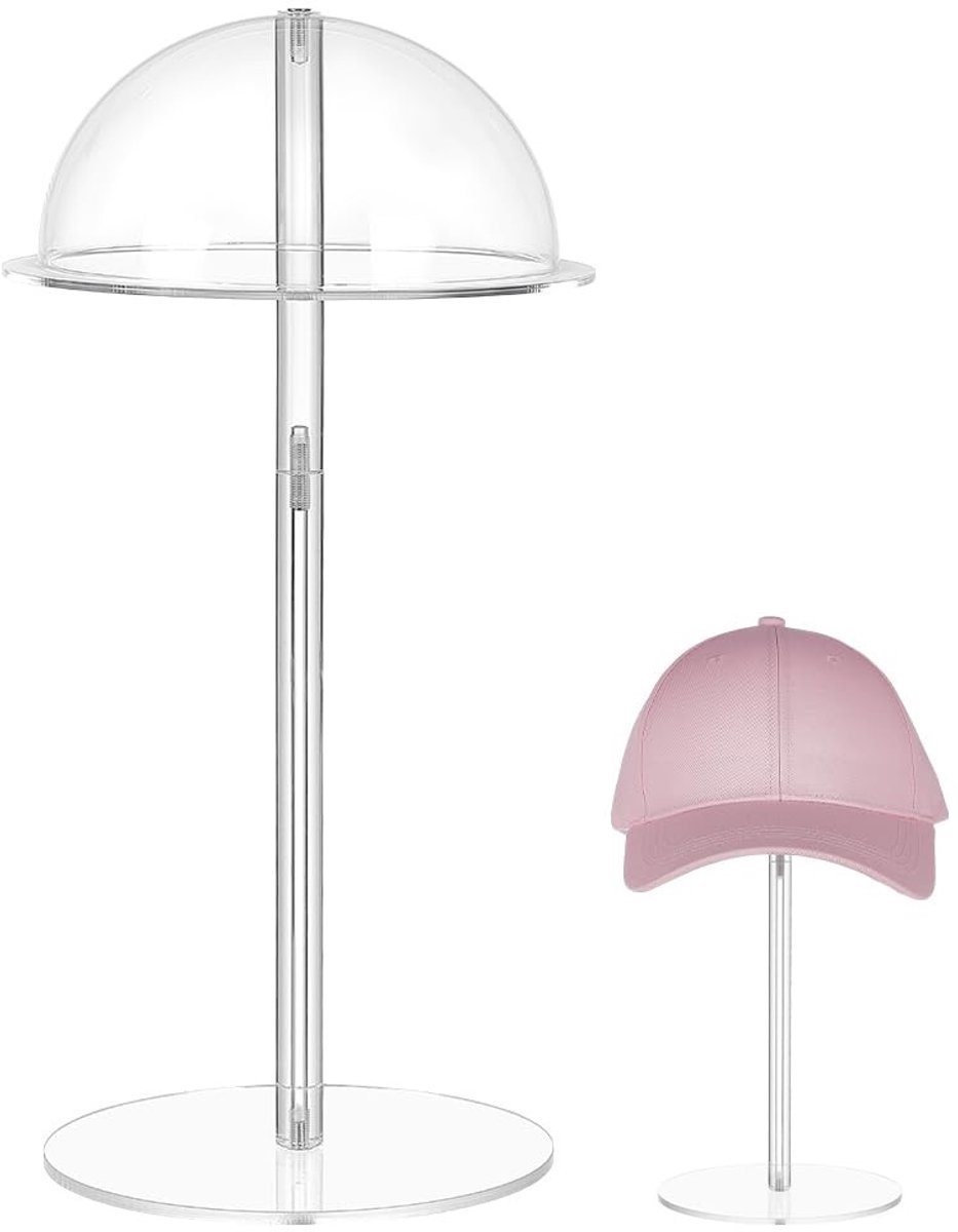 Dailygoods- Hoedenstandaard Verstelbaar 13-33 cm - Hoedenhouder - Pruikenstandaard - Acryl - Transparant - 1 stuk - Hoedhouder