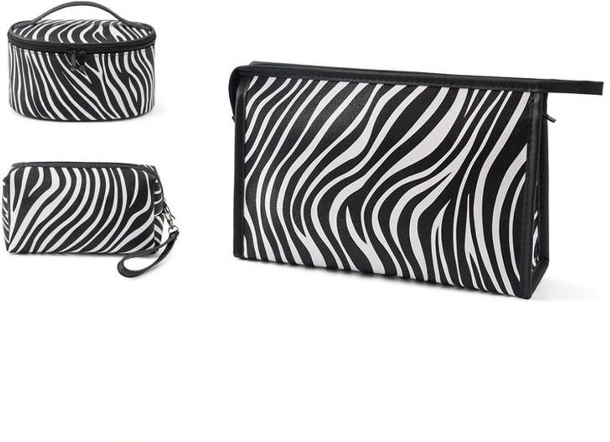 KZQ make-uptasje met spiegel, rits en zebraprint - compact en lichtgewicht - geschikt voor dames, voor op reis en dagelijks gebruik - zwart/wit - 24 x 7 x 15 cm