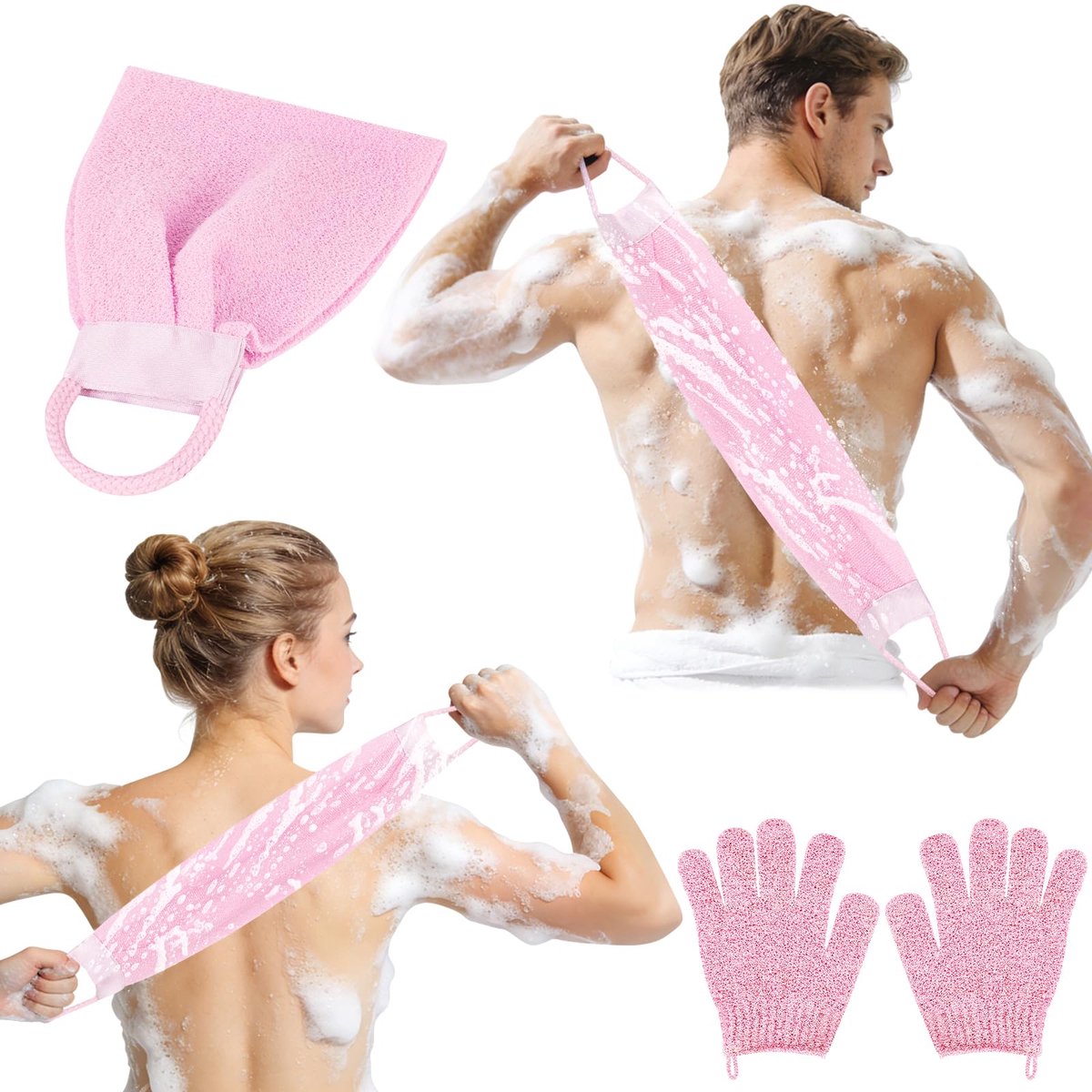peeling handschoenen, 2 stuks peeling handschoenen en 1 stuk peeling handdoeken, body scrub handschoenen, voor peeling/douche/spa/massage (B-roze)