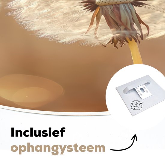 Close-up van een paardenbloem, met tekst 'Inclusief ophangsysteem'.