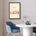 Line art poster van de skyline van Londen in rood en geel op een crème achtergrond.