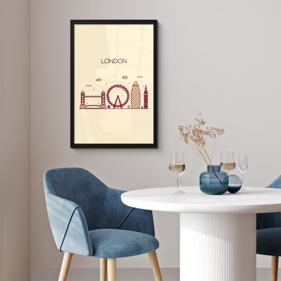 Line art poster van de skyline van Londen in rood en geel op een crème achtergrond.