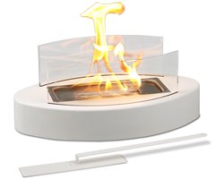 Tafelhaard Ovaal Bio-Ethanol - ca. 20x35x6 cm - Met Windscherm & Doofgereedschap - Voor Binnen & Buiten - Wit