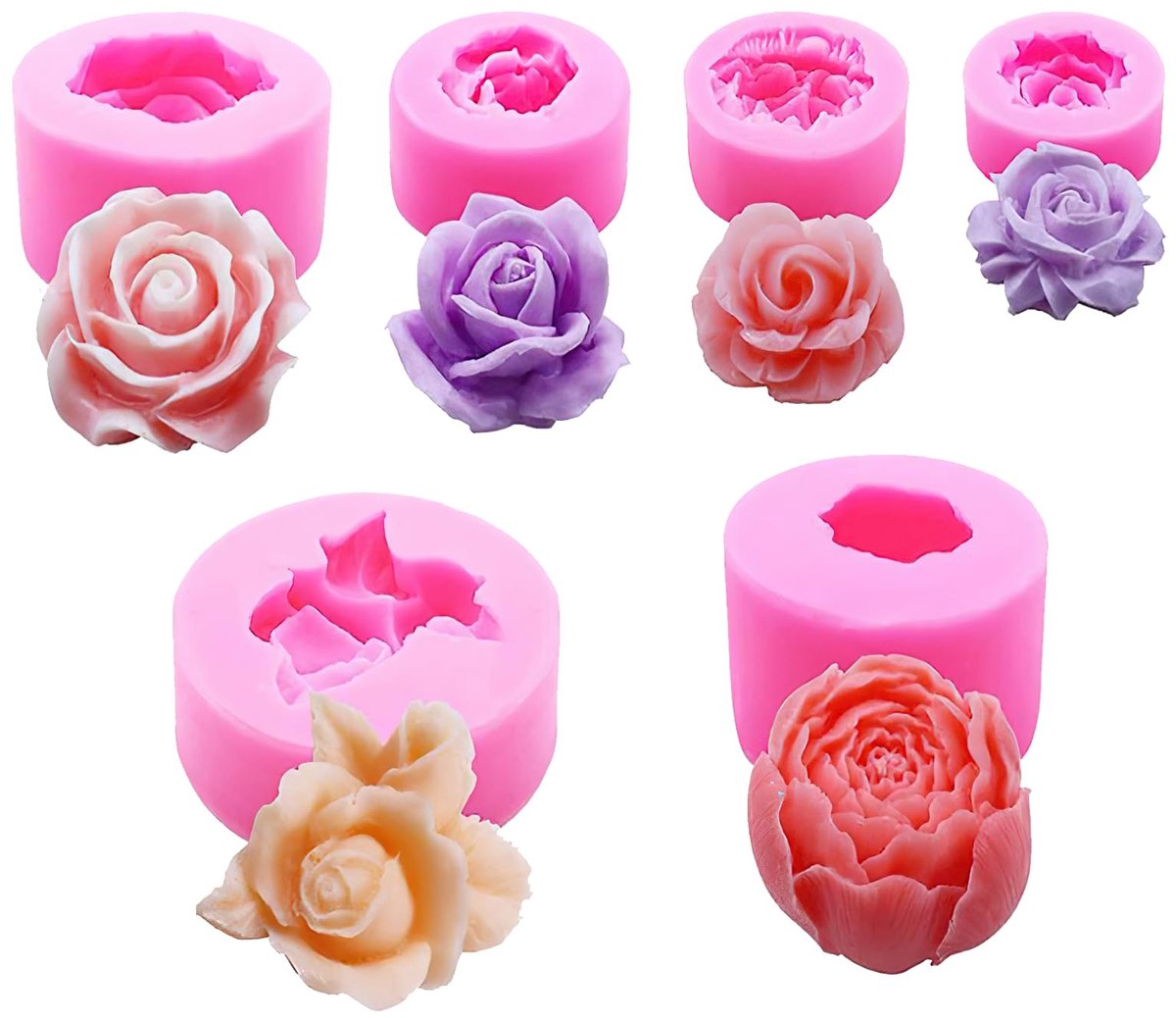 6 stuks 3D siliconen vorm bloemen, bloeiende roos vorm siliconen vormen kaarshouder voor zeep roos bloemvorm kaarsvorm kaarsen siliconen vormen gietvormen voor taartdecoratie doe-het-zelf handwerk