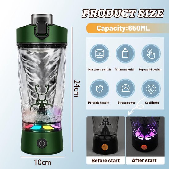 Elektrische eiwitshaker, 650 ml, elektrische proteïneshaker, automatische proteïnemixer, USB C oplaadbare eiwitmixer, shakebekers voor proteïneshakes, maaltijdvervanging, BPA-vrij — afbeelding 3