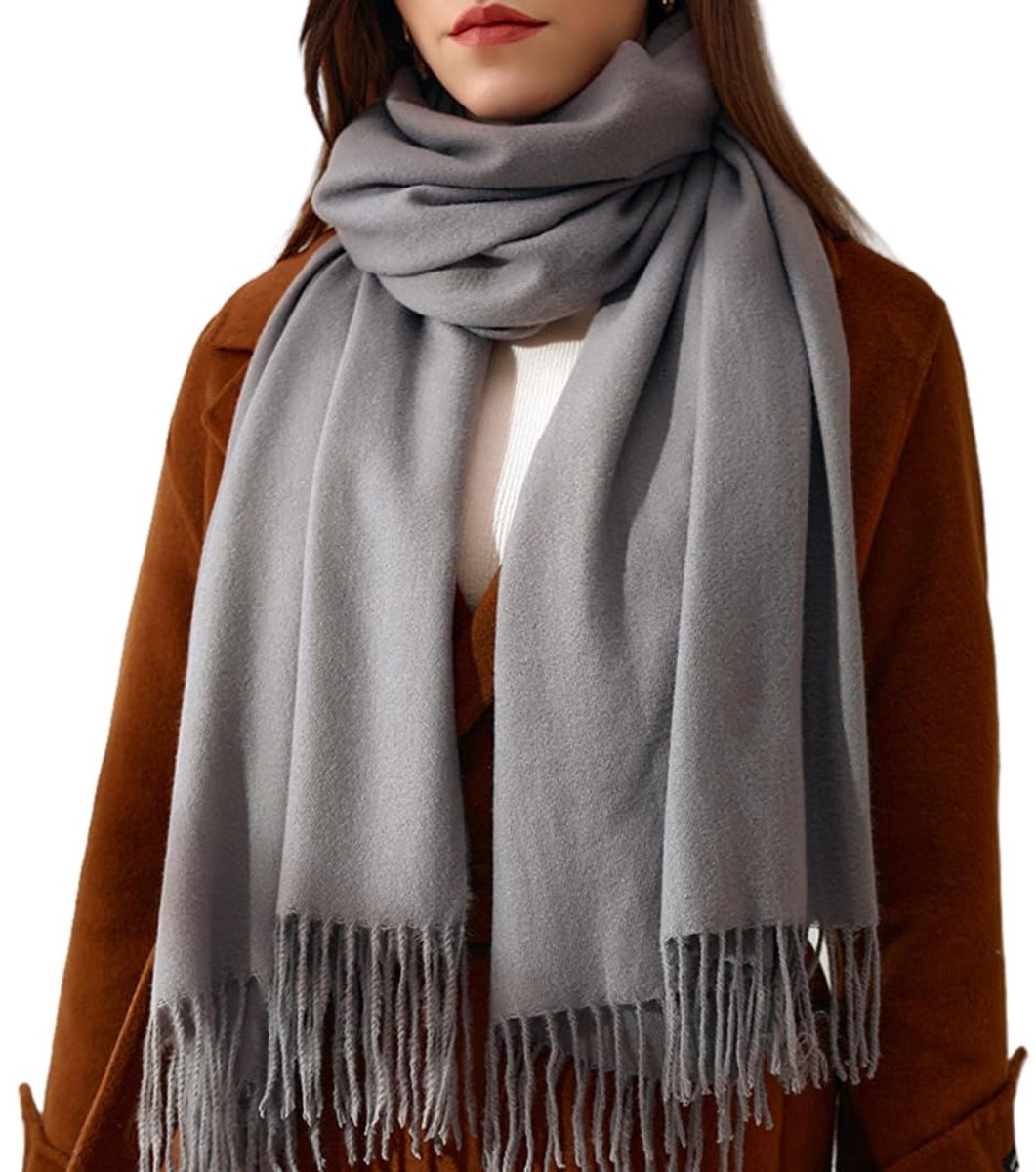 wintersjaals met franjes voor dames en heren, elegant, warm en zacht, groot, 180 x 70 cm
