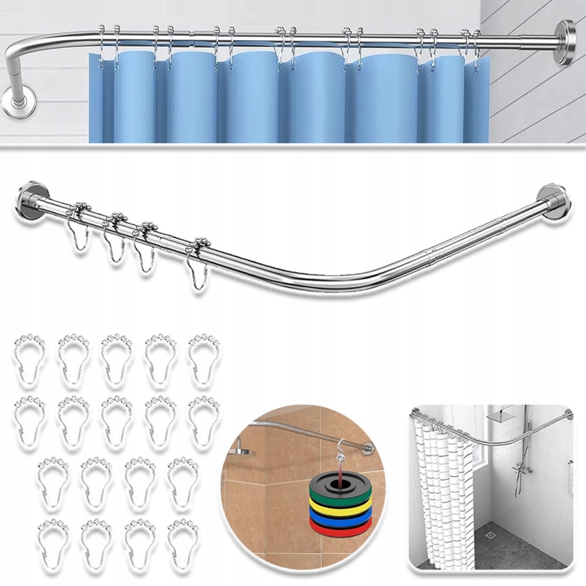 L-Vormige Douchegordijnstang, Verstelbaar En Uitschuifbaar - 304 Roestvrij Staal 70-95cm 18 Ringen - Roestvrij Draagvermogen 10kg - Voor Badkamer Kleedkamer En Kledingkast - Zilverkleurig