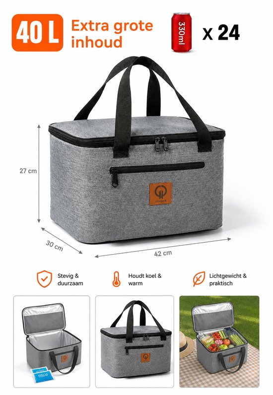 40L Koeltas| Geïsoleerde Koeltas met Ritssluiting, Draaghengsels en Voorvak| Ideaal voor Picknick, Boodschappen, Kamperen en Strand van arnee — afbeelding 3