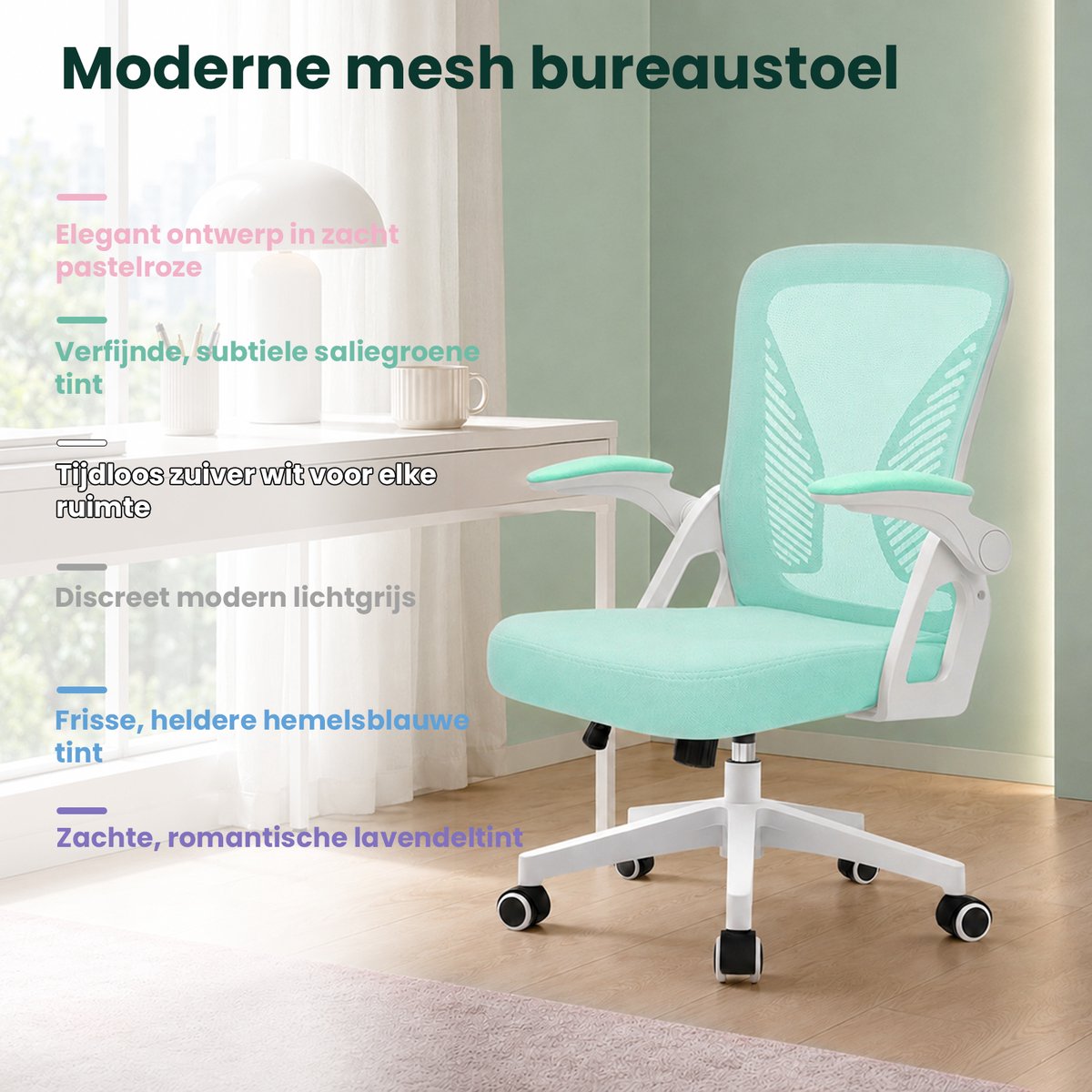 Milacyee Bureaustoel - Ergonomische Bureaustoel – Verstelbare Gaming/Computerstoel met Mesh Rug & Lendensteun – 90° Opklapbare Armleuningen – Directiestoel met Stille Wieltjes – Tot 130 kg Belasting - groente - Geschikt voor thuiswerk en kantoor – foto 6