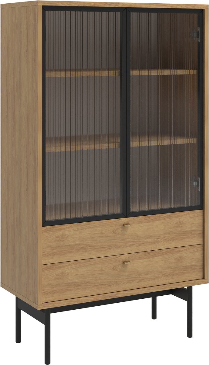 Selsey Olar II – Vitrinekast met 2 planken en 2 lades, natuurlijk hickory, 85 cm