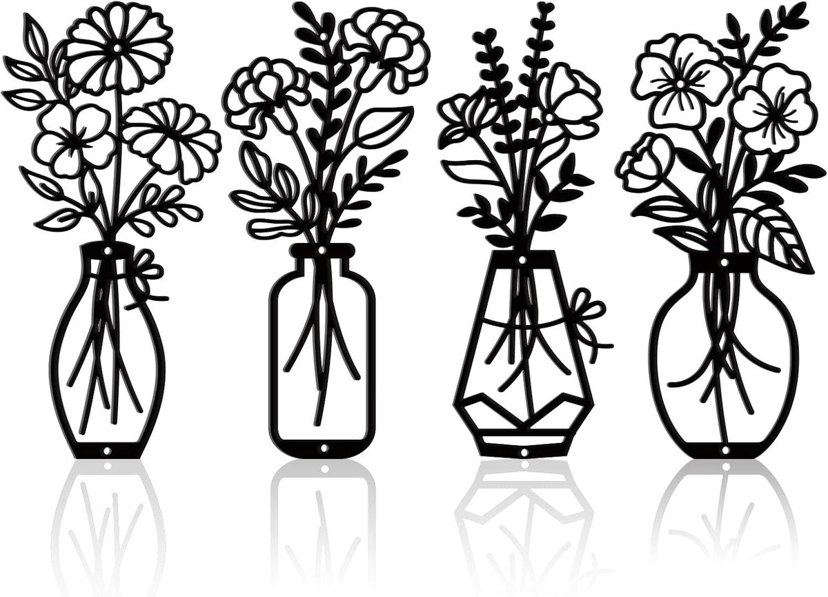 twinklemon 4 stuks metalen bloemen kunst aan de muur, minimalistische zwarte bloemen muurkunst decor, bloemen in vaas metalen sculptuur hangende ornamenten voor woonkamer badkamer keuken hal tuin
