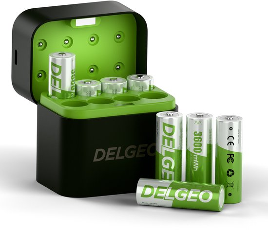 Piles au lithium Delgeo AA, 8 pièces avec chargeur rapide – 3600mWh, 1,5V, 2000 cycles, 2,5h de charge, Type-C – Pour appareils à forte consommation
