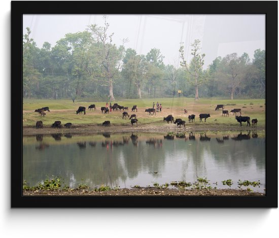 Poster in lijst - Fotolijst 40x30 cm - Posters - Grazende dieren bij het water in het Nationaal park Chitwan in Nepal - Posterlijst zwart - Decoratie - Wanddecoratie woonkamer - Muurdecoratie slaapkamer