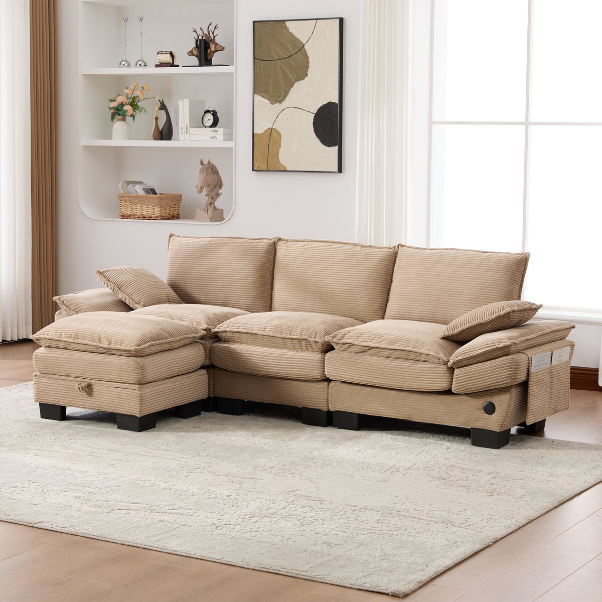 DESMIU Bank - 260 Cm - Modulaire 3-Zits Met Hocker, USB-C Aansluiting En Zijvakken - Voor Woonkamer, Kantoor En Lounge - Corduroy Khaki