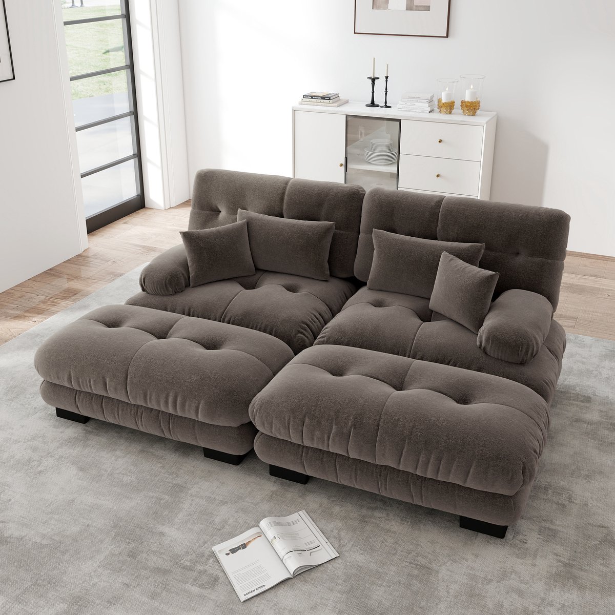 DESMIU Hoekbank 220 x 145 x 81 cm - Modulair Met 2 Ottomans En Kussens - Voor Woonkamer En Kantoor - Chenille - Bruin