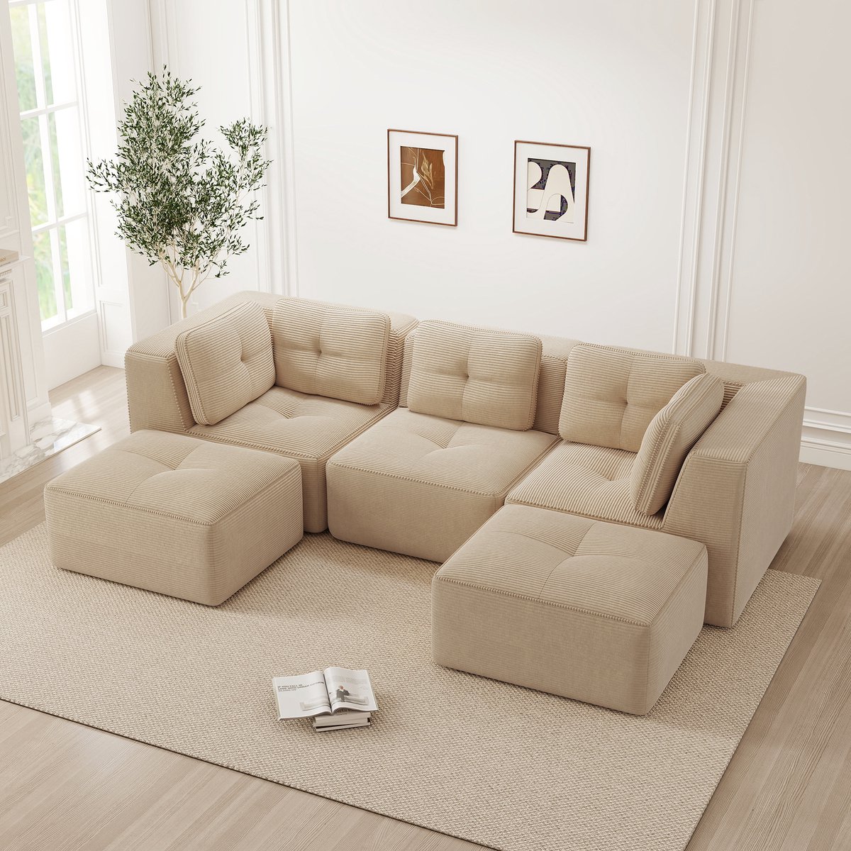 DESMIU U-Bank 297 x 177 x 69 Cm - Modulaire Hoekbank Met Ottomane En Diepe Zitting Zonder