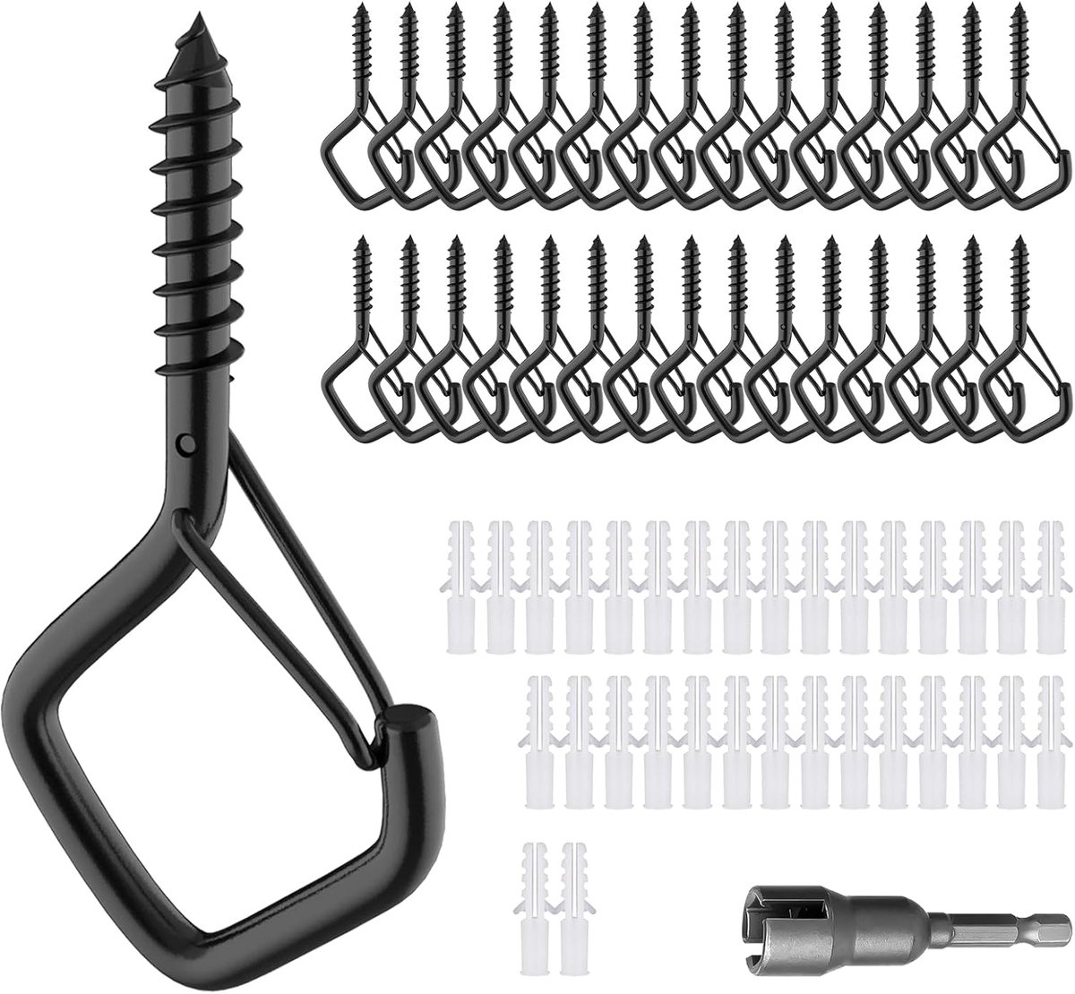 Haken met zekering,plafondhaken van roestvrij staal,metalen multifunctionele plafondhaken set, schroefbare muur Q-hanger haken voor hangende planten,windgongen, lichtkettingen（zwart）