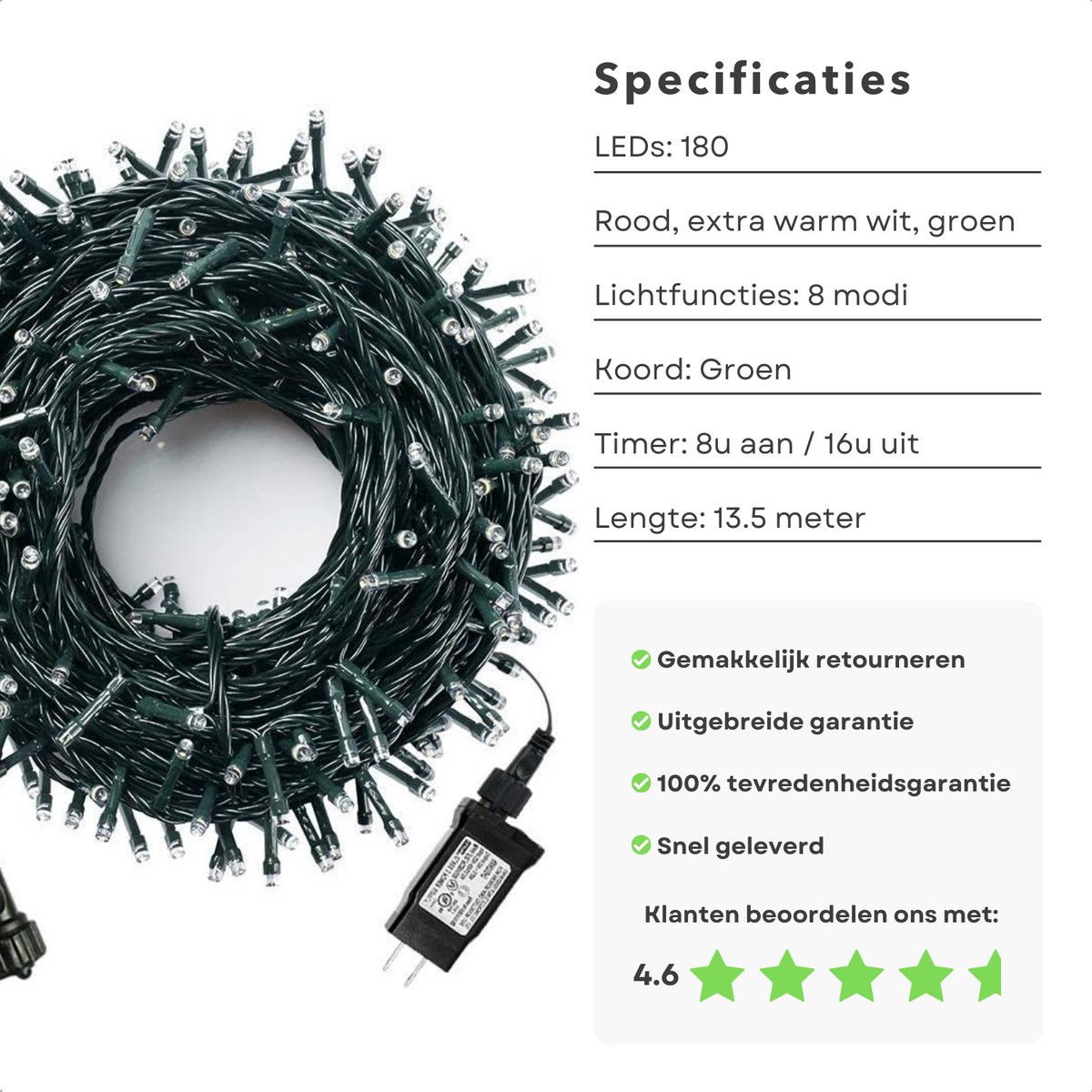 Cheqo® Kerstverlichting - Kerstboomverlichting - Kerstlampjes - 180 LED - 13,5M - Voor Binnen en Buiten - Timer - 3 Kleuren - 8 Lichtfuncties - Lang Snoer - Gekleurde Kerstverlichting - Sfeerverlichting - Rood - Groen - Extra Warm Wit – foto 3