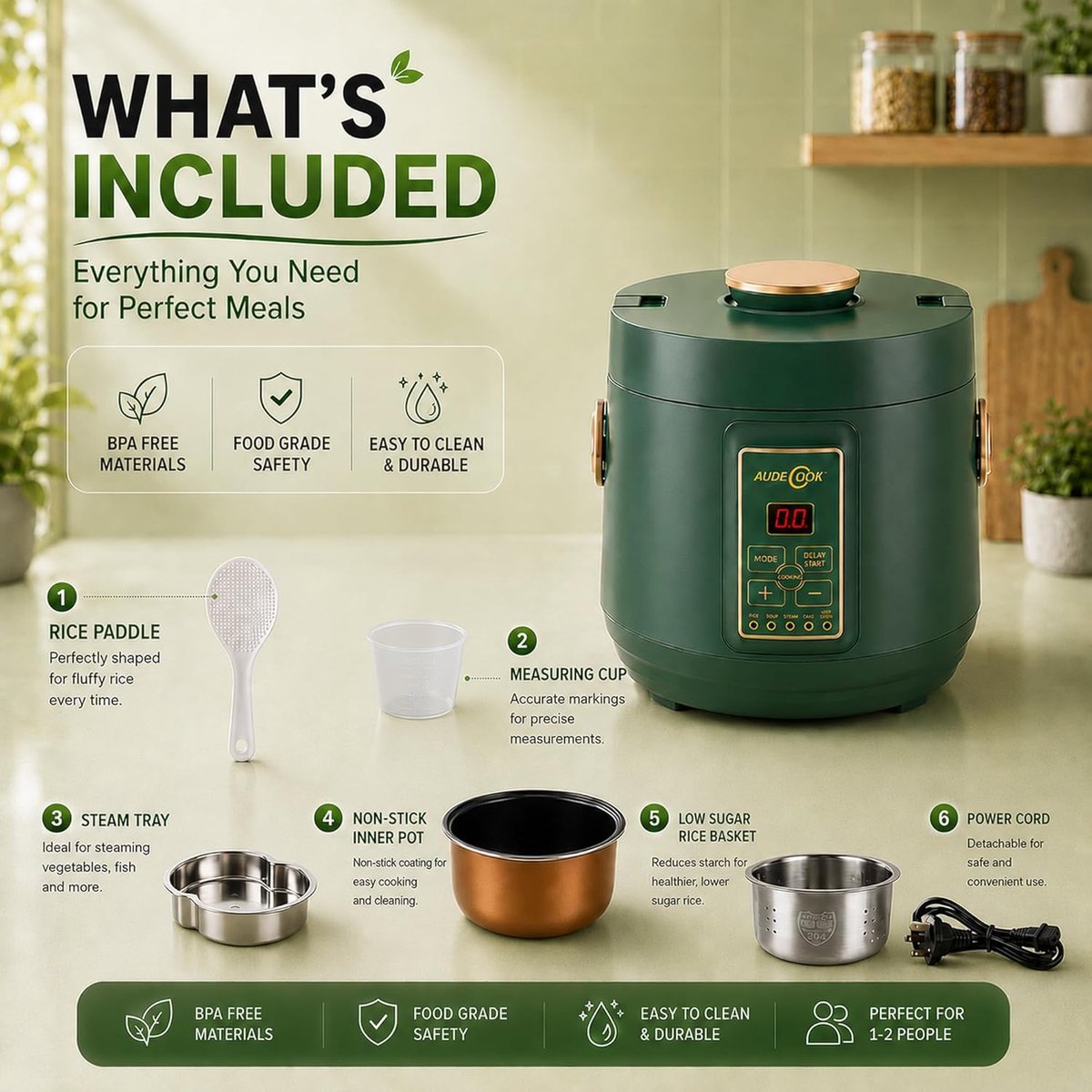 Rice Cooker Mini Elektrische rijstkoker, 1,2 l met Low Sugar-functie en stoompan voor 1-2 personen, 5 multicooker-programma's, Rice Cooker Mini met warmhoudfunctie, timer (groen) – foto 2