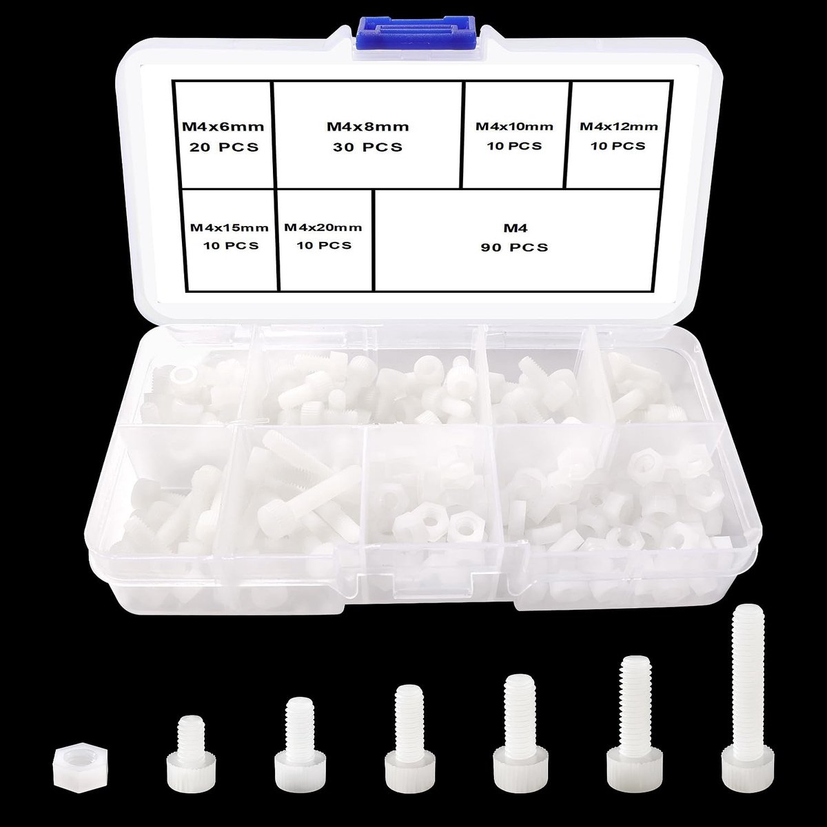 Sets 6 Maten M4 Set Nylon Kunststof Schroeven en Moeren, Nylon Binnenzeskantschroeven, Kunststof Zeskantmoeren, voor Bevestigingsmiddelen, Wit