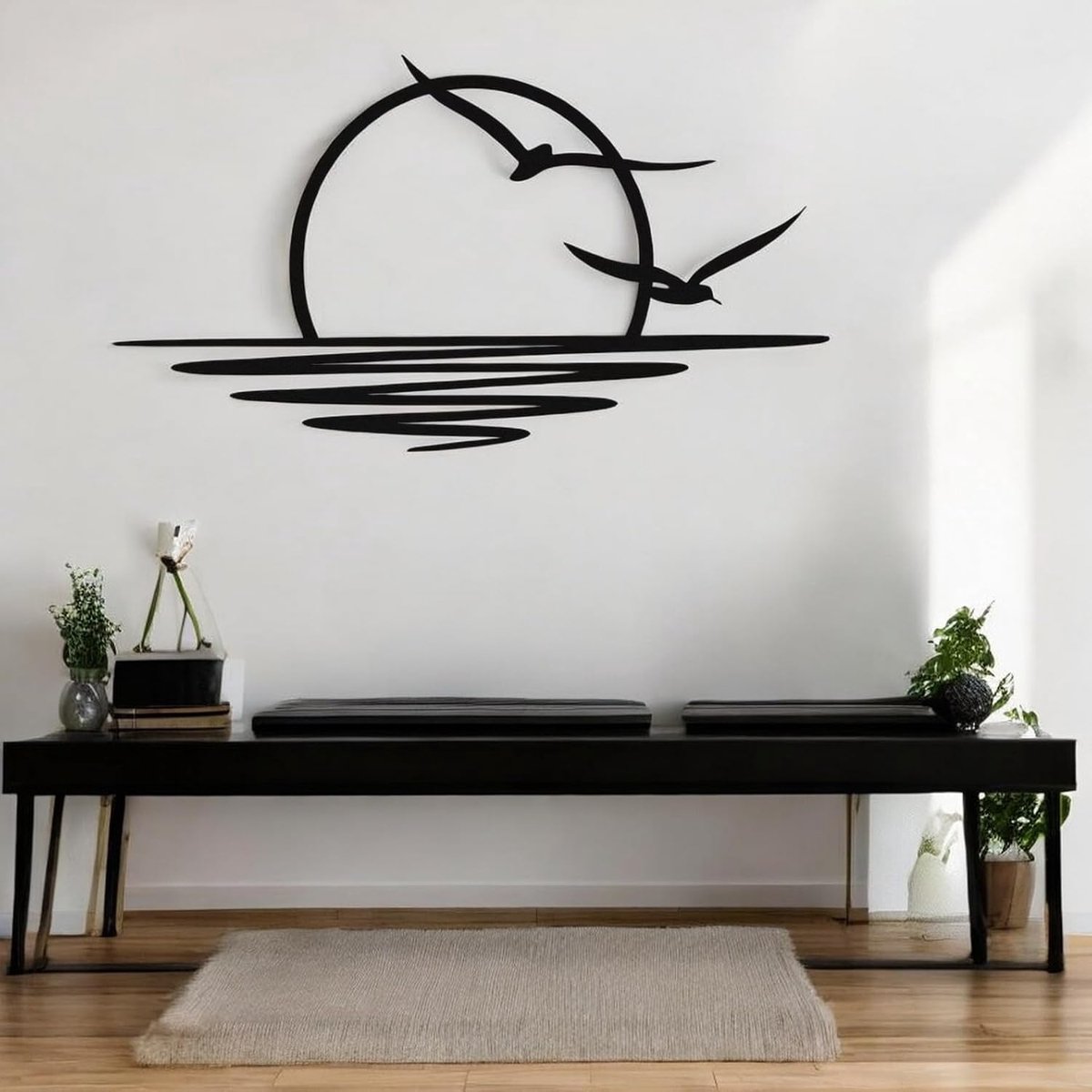 Metalen Muurkunst - Zonneglans Muurdecor - Zwarte Minimalistische Lijnkunst - Zonsopgang Muur Ophanging voor Woonkamer Slaapkamer Buiten Huizewarming Cadeau (Medium)