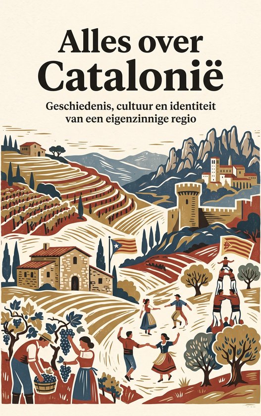 La couverture d'un livre sur la Catalogne intitulé 'Alles over Catalonië' avec une illustration d'un paysage catalan.