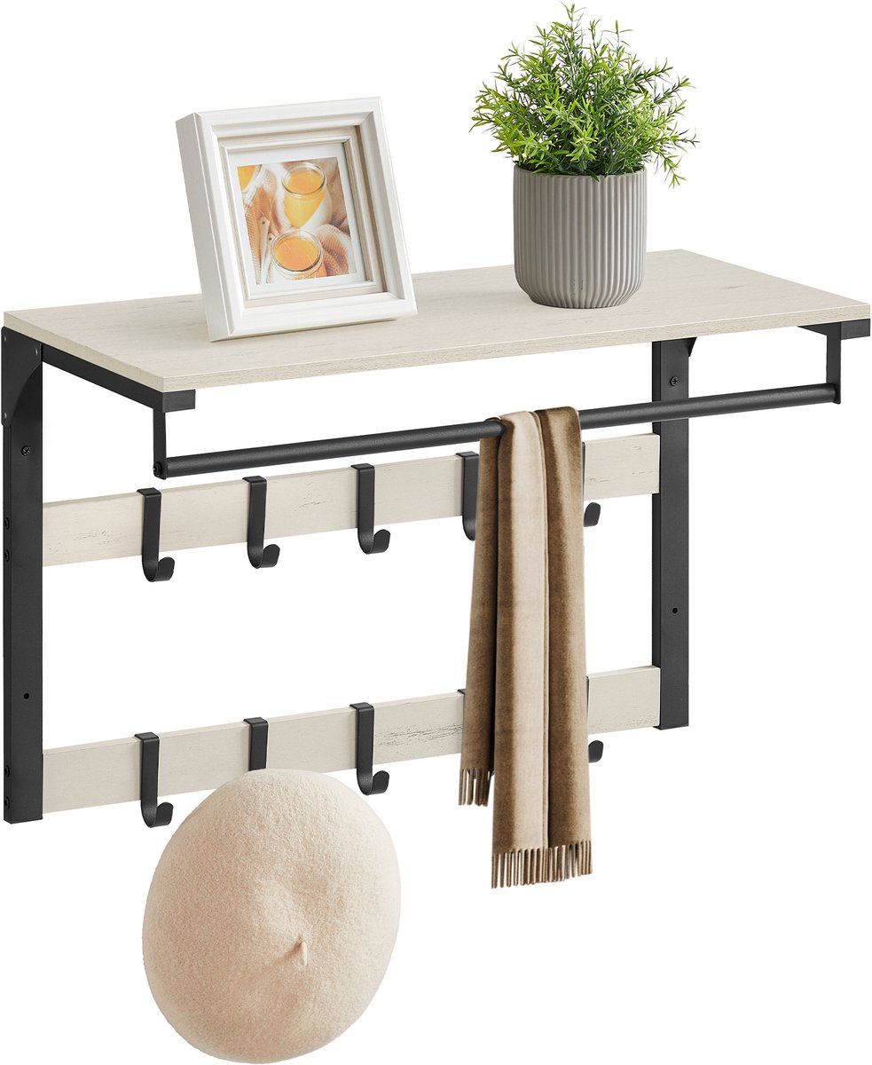 VASAGLE - Kapstok - Wandkapstok - Wandgarderobe met Plank - 10 Afneembare Haken - 2 Garderobestangen