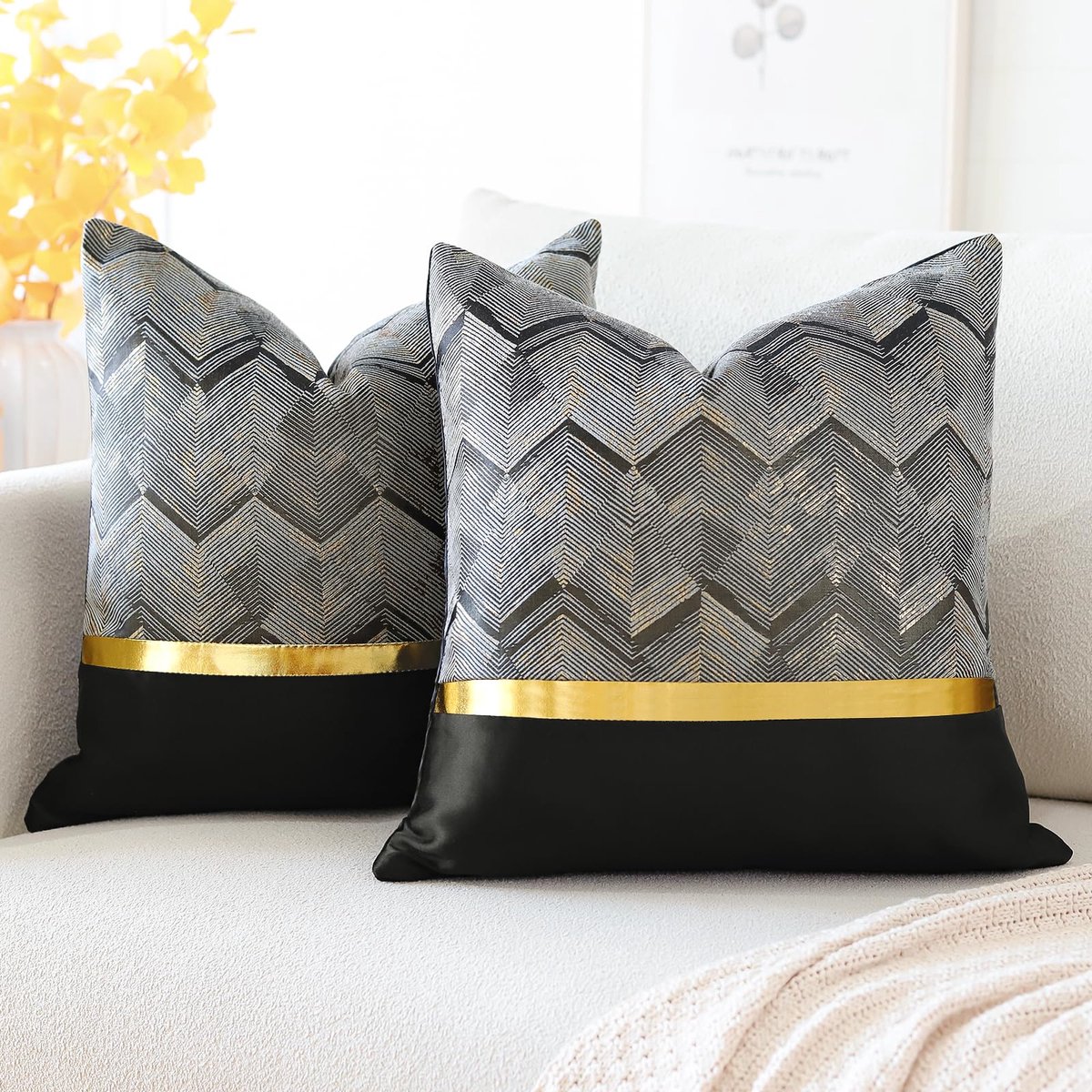 Set van 2 kussenslopen voor bedbank, bank, auto, decoratie, luxe, moderne, minimalistische gouden lederen naden, golvende strepen, vierkante kussensloop, sierkussenslopen 40 x 40 cm (zwart)