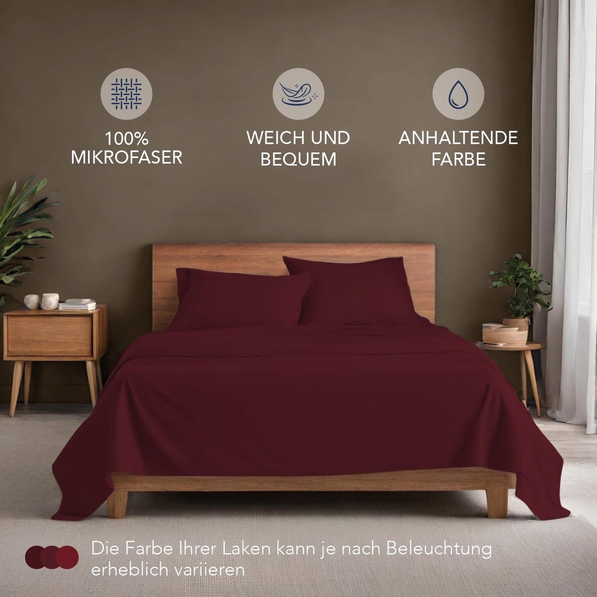 beddengoedset 160x200 cm - 4-delig microvezel - hoeslaken 160x200 cm - onderlaken 2 personen 240x280 cm - 2 kussenslopen 65x65 - Oeko Tex gecertificeerd - bordeaux