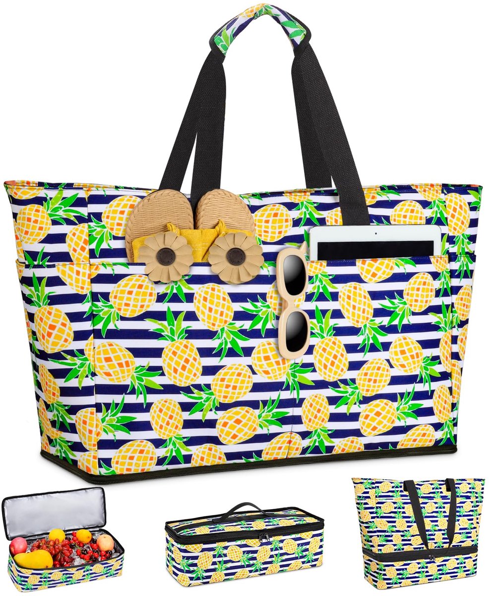 Strandtas, XXL, grote strandtassen voor dames, met afneembare koeltas, meerdere zakken, opvouwbaar, waterdicht, strandtas met ritssluiting, voor zwembad, reizen, winkelen, picknick