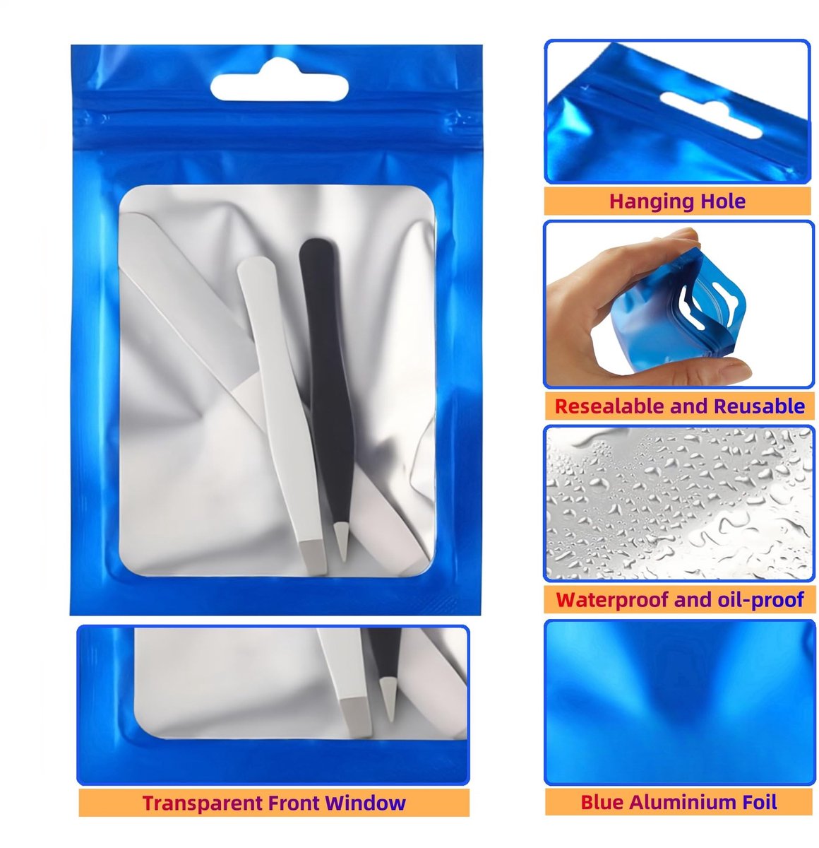 100st Hersluitbare Mylar Zak, Ritssluiting Plastic Zakjes voor Voedsel, Rits Aluminiumfolie Zakken met Doorzichtig Venster, Ziplock Zakjes met Kleurverpakking (Blauw, 8x13cm)