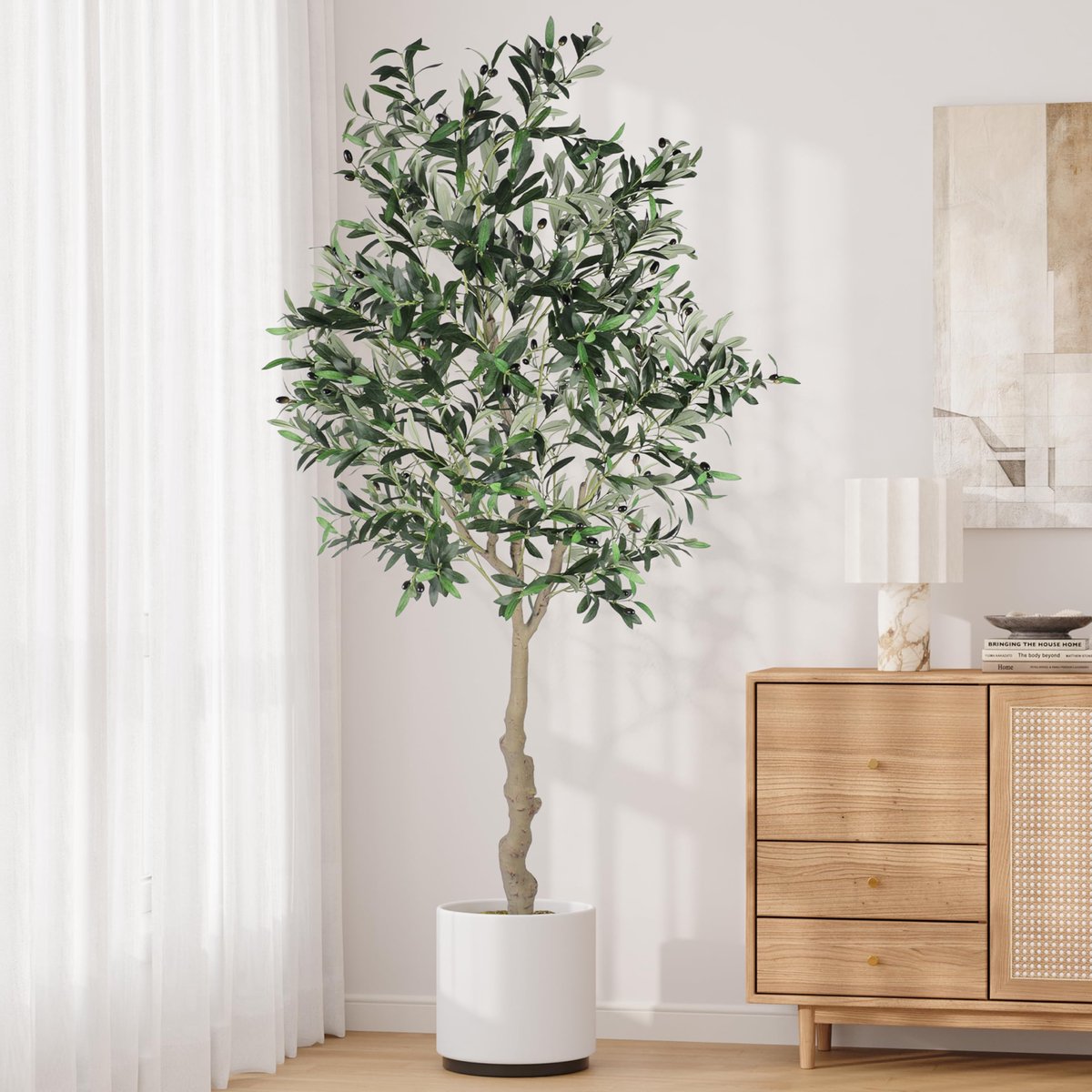 Kunstolijfboom, 210 cm, kunstplanten, grote olijfboomplant in pot, olijfboomdecoratie voor thuis, woonkamer, slaapkamer, kantoor, tuin