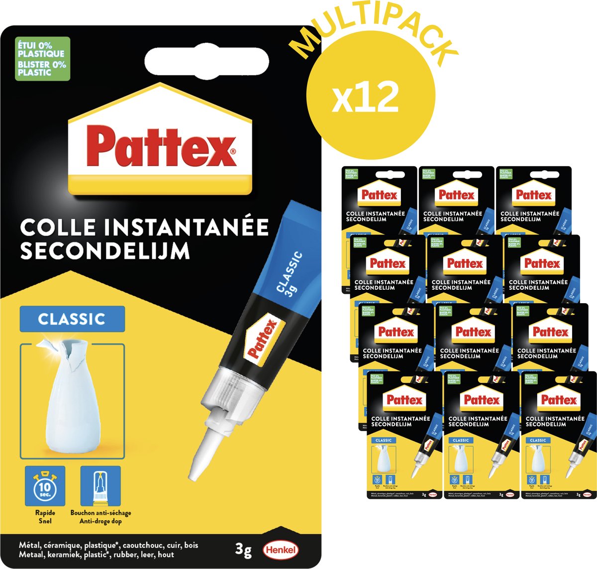 Pattex Classic Secondelijm 12 x 3 g – Vloeibare Cyanoacrylaatlijm – Transparant – Extra Sterk - Sneldrogende Vloeibare Lijm – Voor Kunststof, Metaal en Keramiek