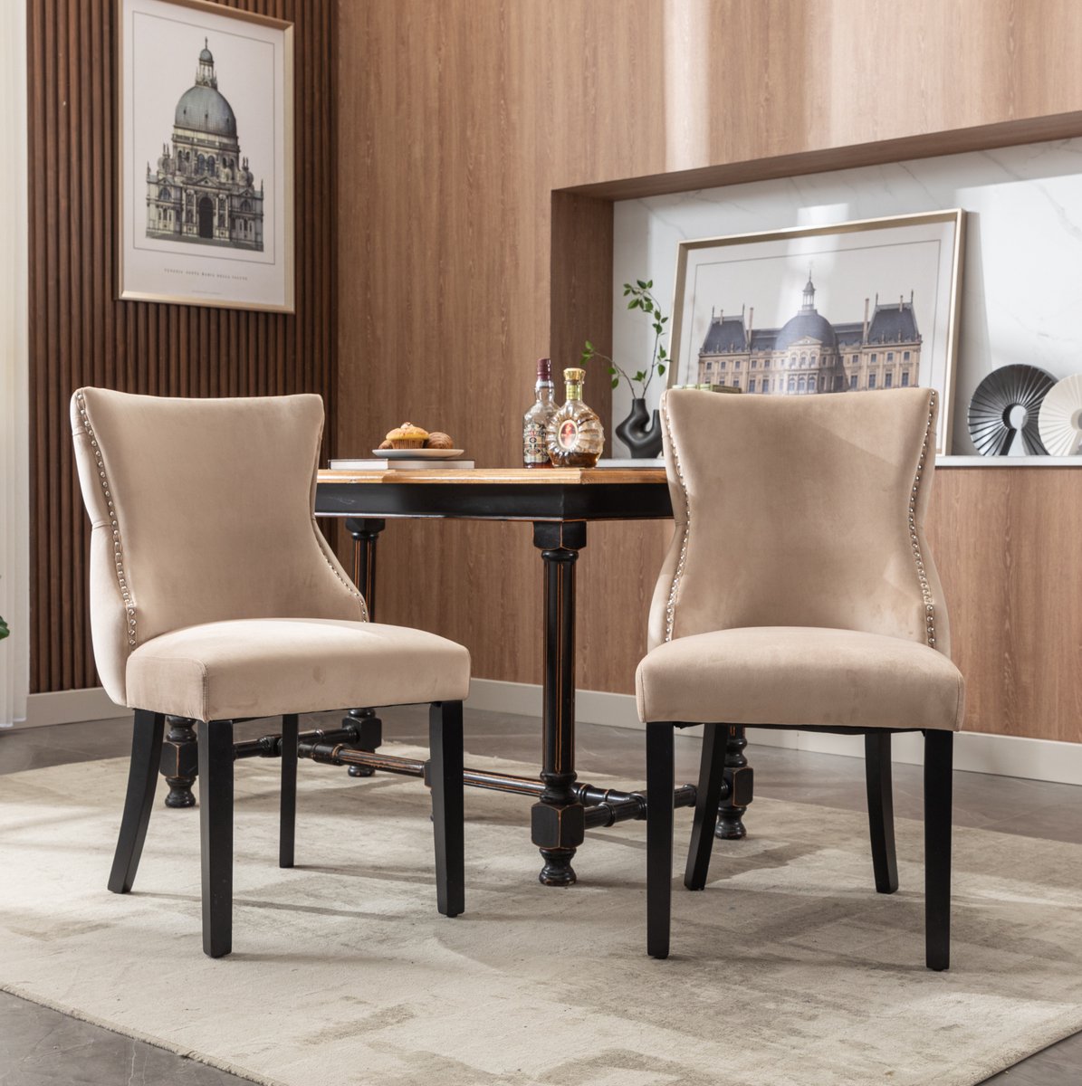 DESMIU Eetkamerstoel Set van 2 - Gestoffeerd Met Knopen - Hoge Rugleuning Voor Eetkamer En Woonkamer - Massief Houten Frame - Beige