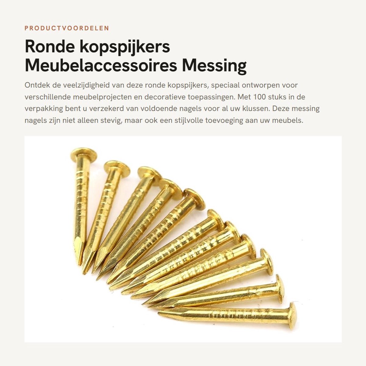Dailygoods- Kopspijkers 100 stuks - Ronde Kopspijkers - Messing Nagels - Siernagels - Meubelaccessoires - 15 mm Lengte