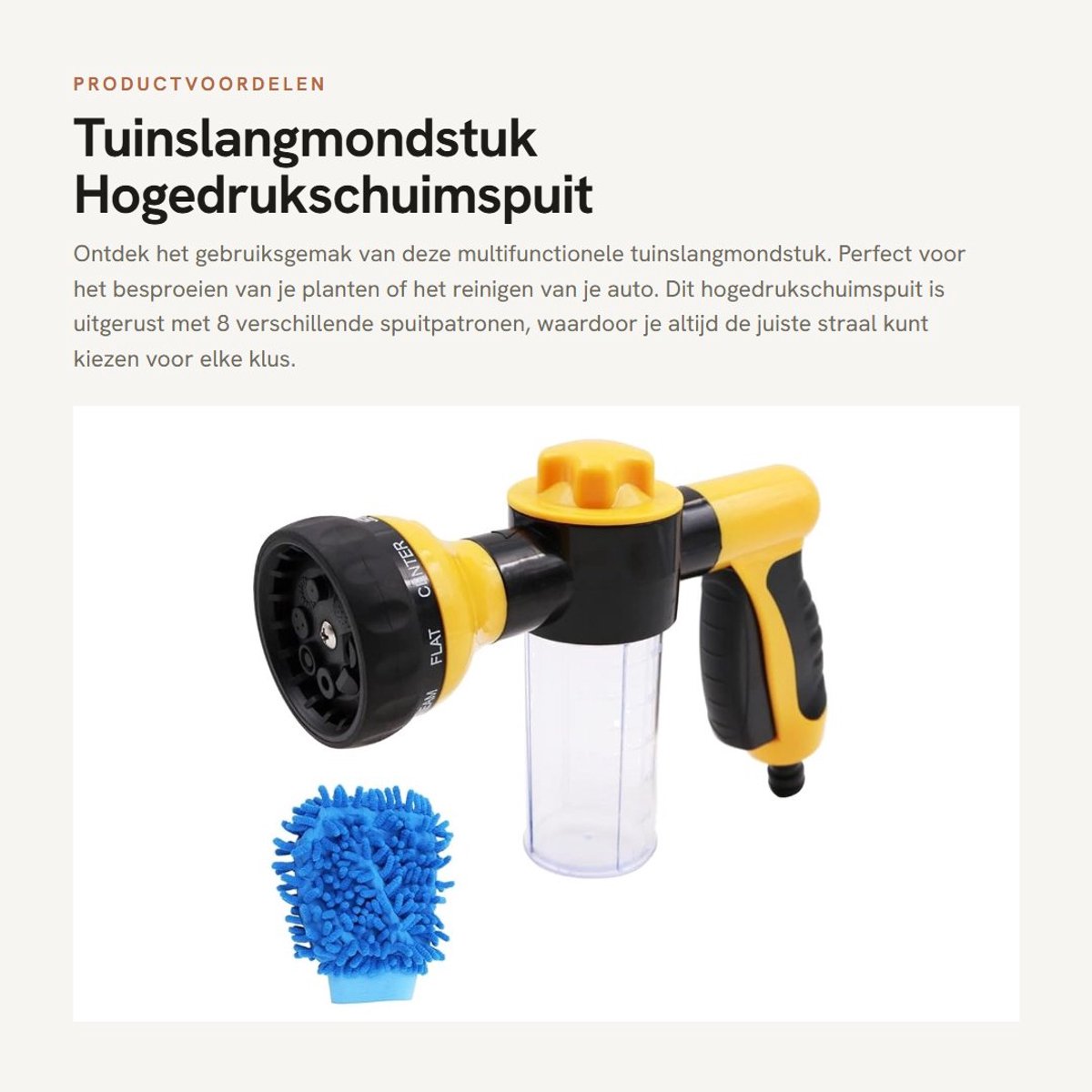 Dailygoods- Tuinslangmondstuk met 8 spuitpatronen - Hogedrukschuimspuit - Zeepdispenser 3,5 oz/100cc - Antislip - Draagbaar - Automatisch triggerslot - Slangsproeier