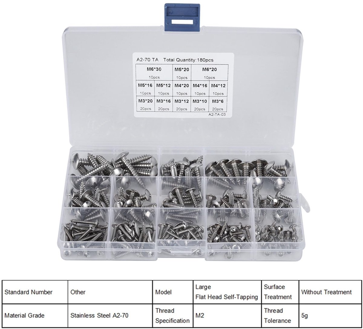 Dailygoods- Schroefset 180 Stuks - RVS Houtschroeven - Platte Kop - Kruiskop - Zelftappend - Assortiment voor Meerdere Doeleinden - Schroeven