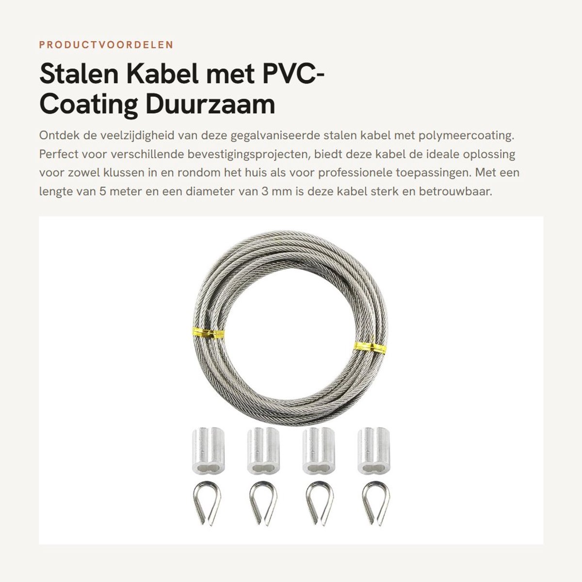 Dailygoods- Kabel 5 m x 3 mm - Gegalvaniseerd Staal - PVC Coating - Inclusief 8 Klemelementen - Duurzaam - Zilverkleurig - Staaldraad