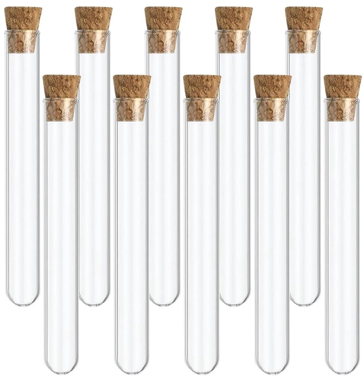 Dailygoods- Reageerbuisjes 20 stuks - Kunststof - Transparant - Reageerbuis met kurkstop - 12 x 75 mm - Ideaal voor specerijen en laboratorium - Laboratoriumbuizen