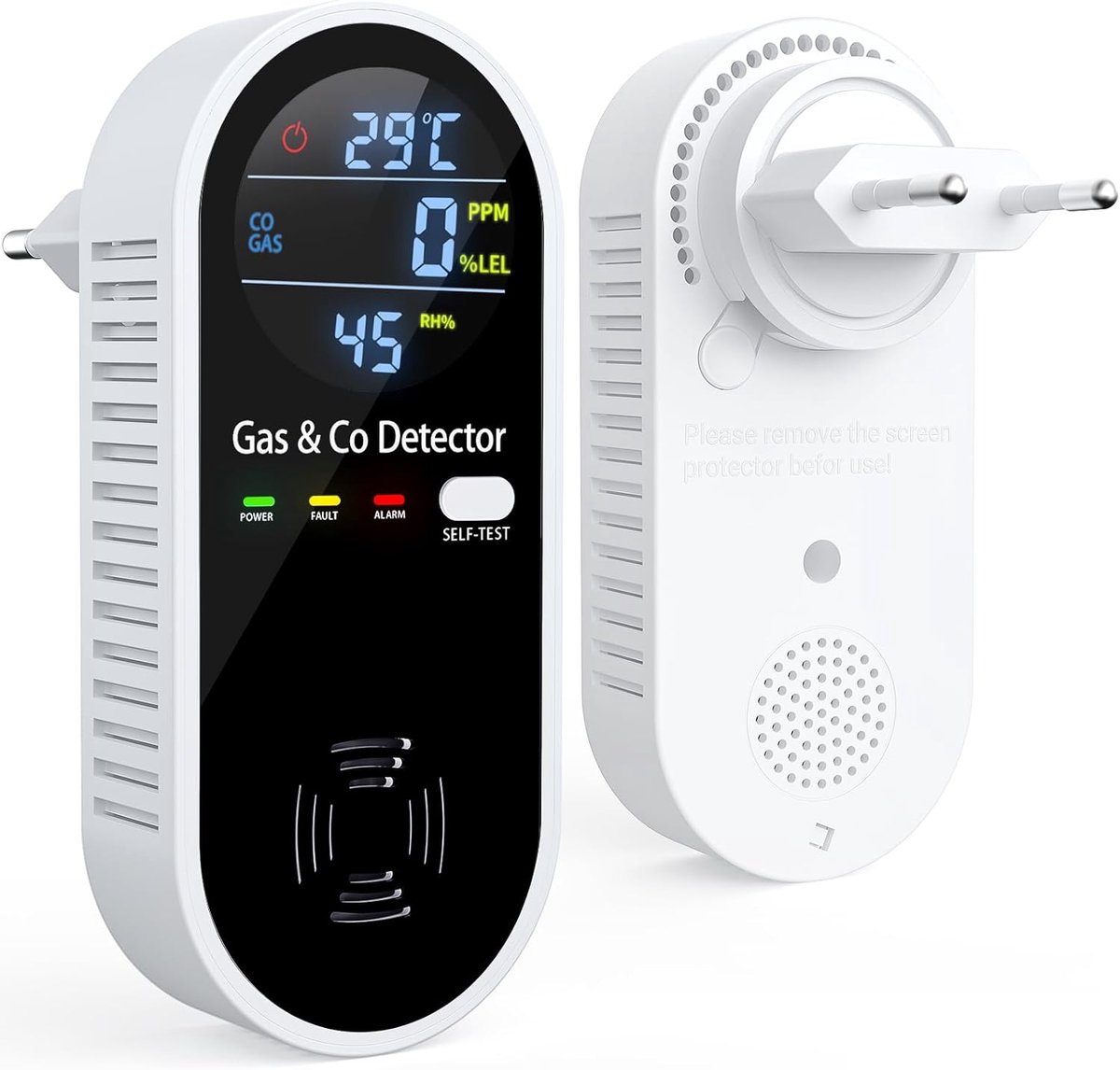 carmdering - 4-In-1 Multifunctionele Detector - Koolmonoxide En Gasalarm - Veiligheidsmonitor - Snelle 2 Seconden Reactie - Temperatuur En Vocht Meting - Duurzaam ABS Kunststof - Automatische Zelftest Functie - Plug-And-Play Stopcontact Gebruik