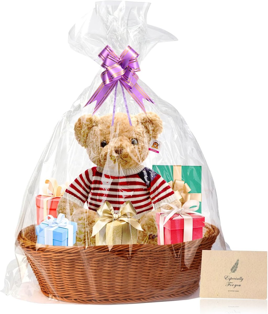 Lege geschenkmanden, 38 x 28 x 12 cm manden, geweven geschenkpakket met rieten mand, strikken,cellofaanzakjes en wenskaart voor Kerstmis, verjaardag, bruiloft, paascadeau, afstuderen